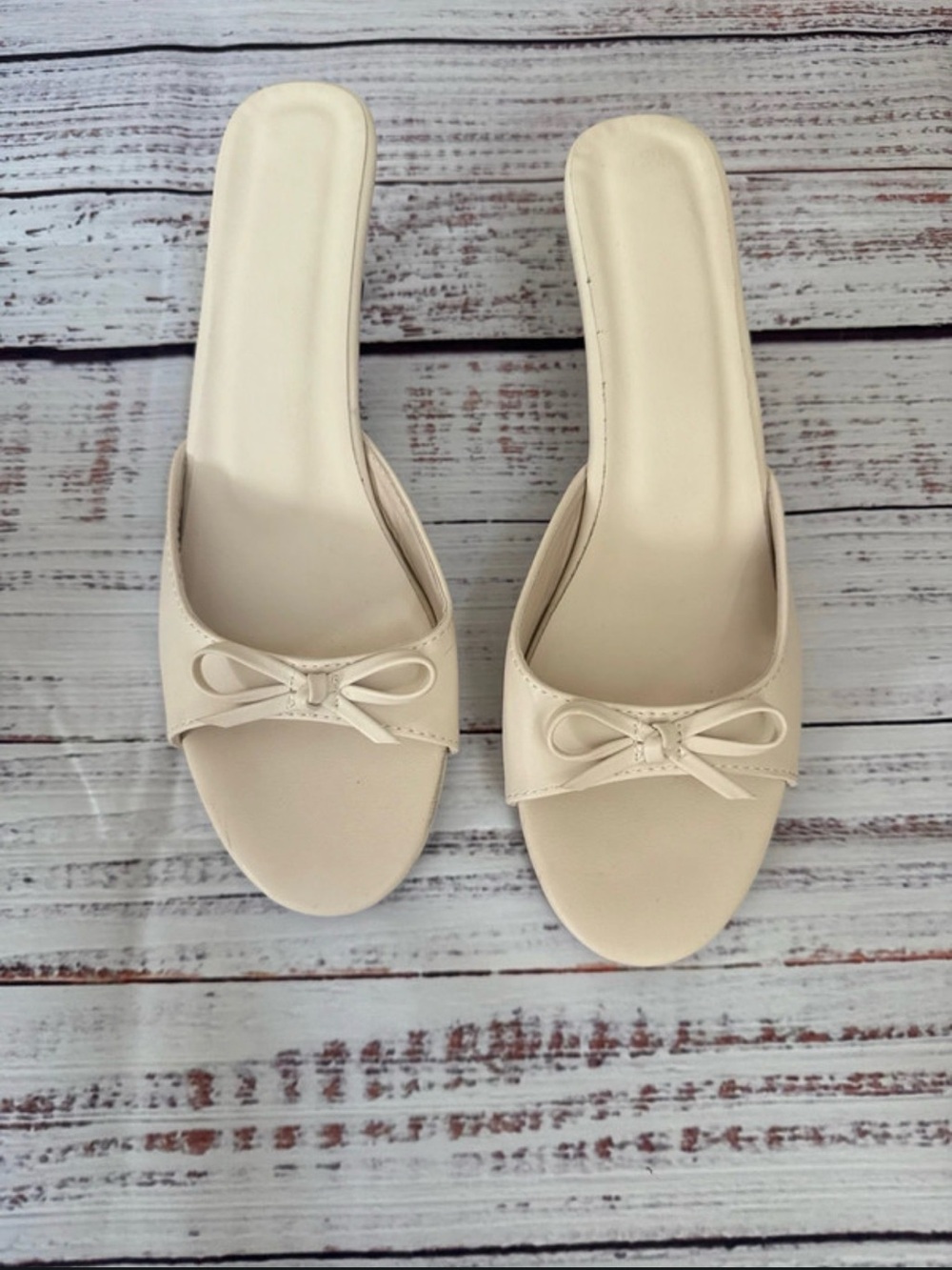 Cream Slide Mules with Bow Detail